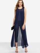 Romwe Chiffon Overlay Skinny Jumpsuit - Navy