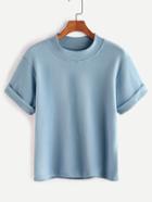 Romwe Blue Mock Neck Cuffed T-shirt