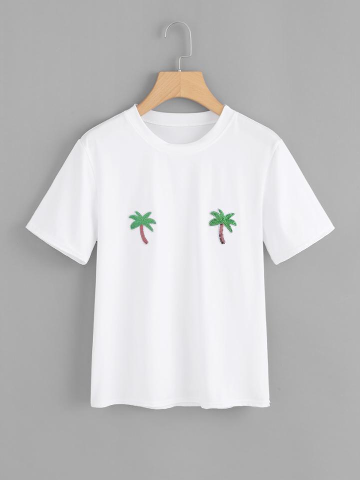 Romwe Sequin Tree Patch Tee