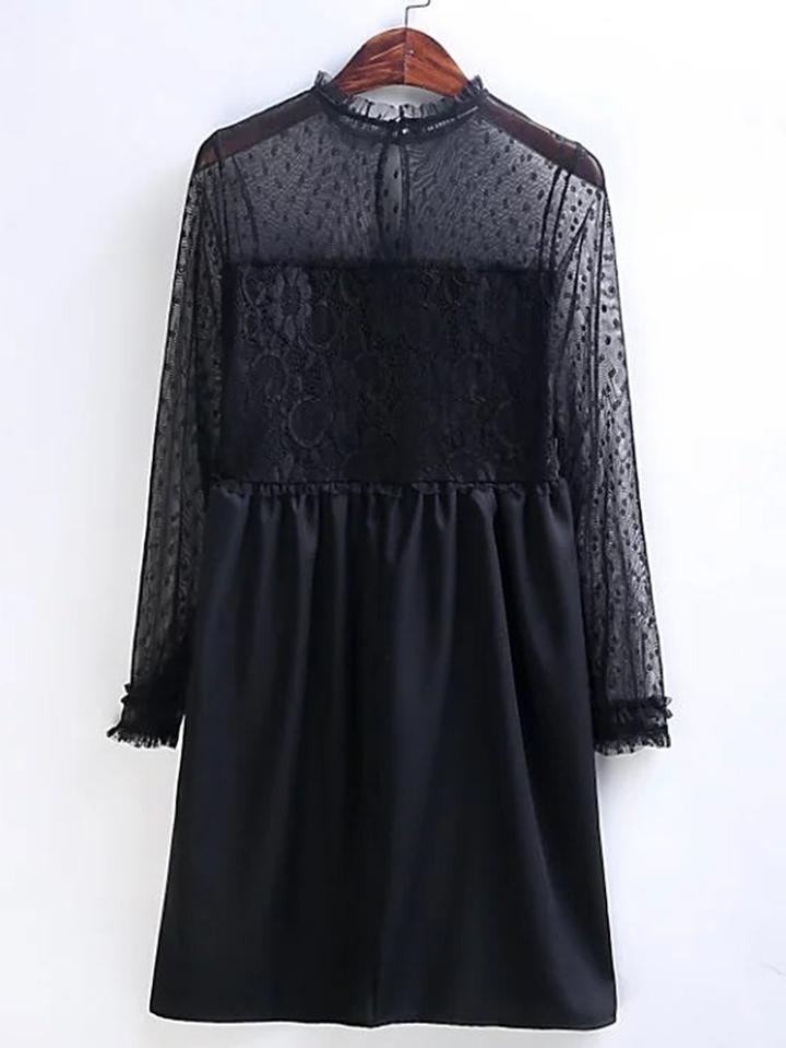 Romwe Band Collar Polka Dot Contrast Lace Dress