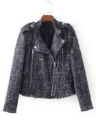 Romwe Frayed Edge Zipper Detail Tweed Jacket