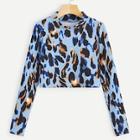 Romwe Cheetah Print Stand-neck Tee