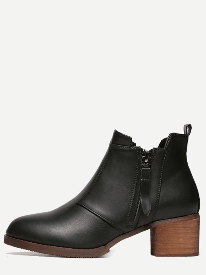Romwe Black Faux Leather Side Zipper Cork Heeled Ankle Boots
