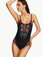 Romwe Black Mesh Insert Tribal Print One Piece Swimwear