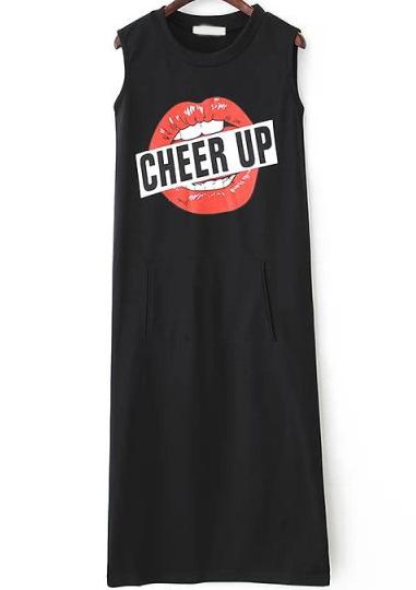 Romwe Black Sleeveless Lip Cheer Up Print Dress