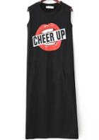 Romwe Black Sleeveless Lip Cheer Up Print Dress