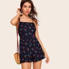 Romwe Cherry Print Criss-cross Back Wide Leg Romper