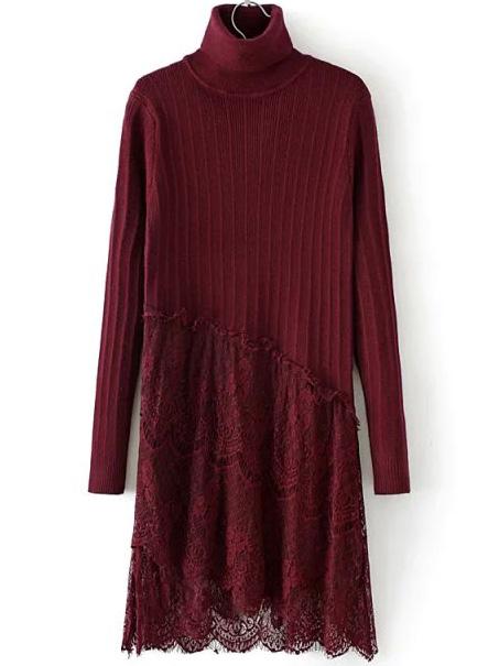 Romwe Turtleneck Ribbed Lace Insert Burgundy Sweater Dress