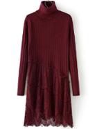 Romwe Turtleneck Ribbed Lace Insert Burgundy Sweater Dress