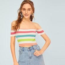 Romwe Stripe Ribbed Off Shoulder Tee