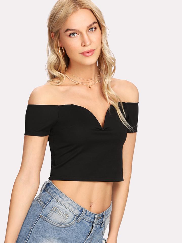 Romwe Off Shoulder Crop Tee