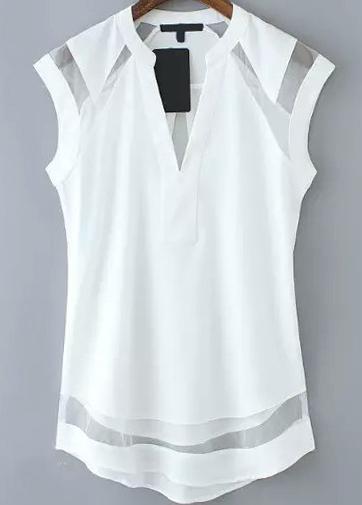 Romwe V Neck Sheer Mesh White Top