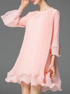 Romwe Pink Crew Neck Ruffle Pleated Dress