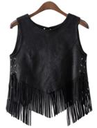 Romwe Black Lace Up Side Suede Fringe Vest Outerwear