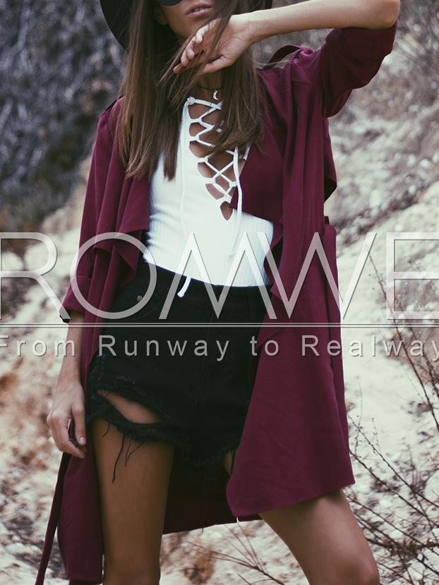 Romwe Wine Red Long Sleeve Lapel Trench Coat