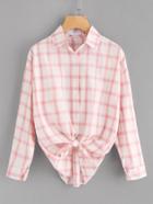 Romwe Knot Front Checked Shirt