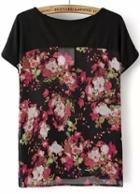 Romwe Black Short Sleeve Floral Chiffon T-shirt