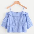 Romwe Open Shoulder Fold Over Check Blouse