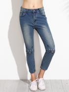 Romwe Blue Bleached Cat Embroidered Ankle Jeans