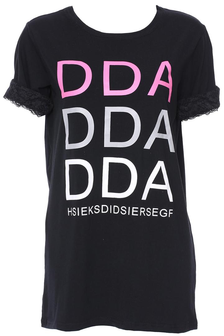 Romwe Romwe Tri-tone Dda Print Short-sleeved Black T-shirt