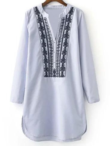 Romwe Light Blue V Neck Embroidery Stripe Shirt Dress