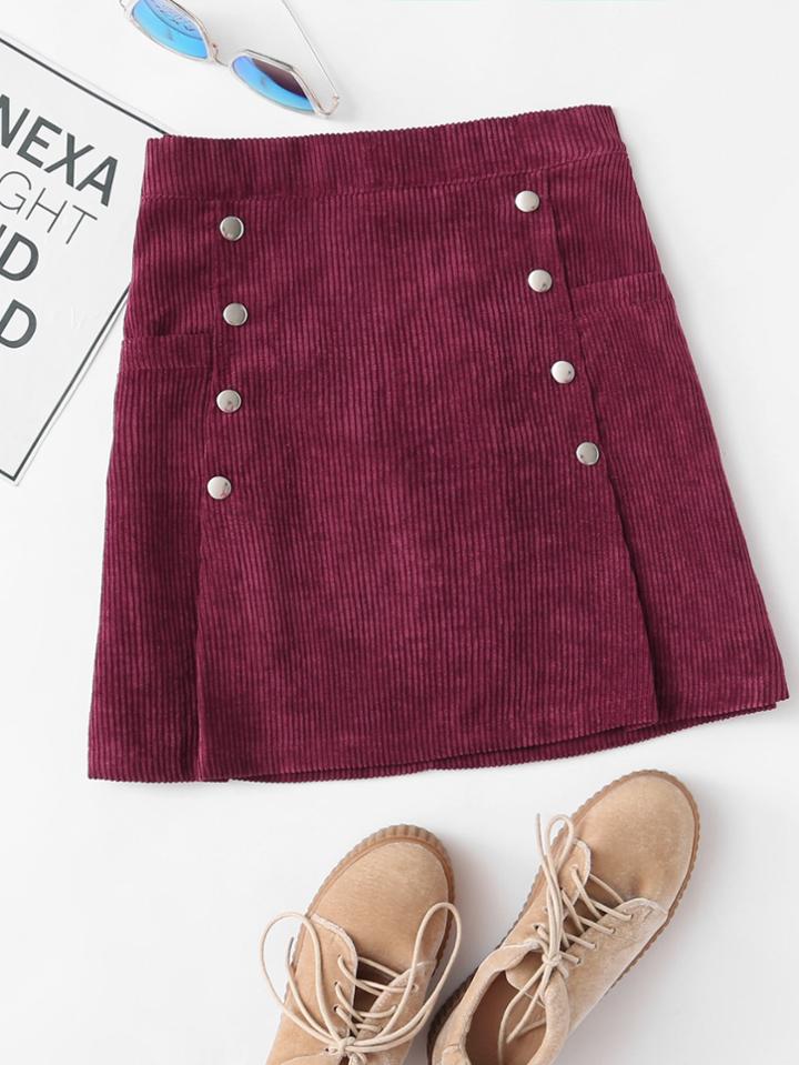Romwe Corduroy Double Breasted Skirt
