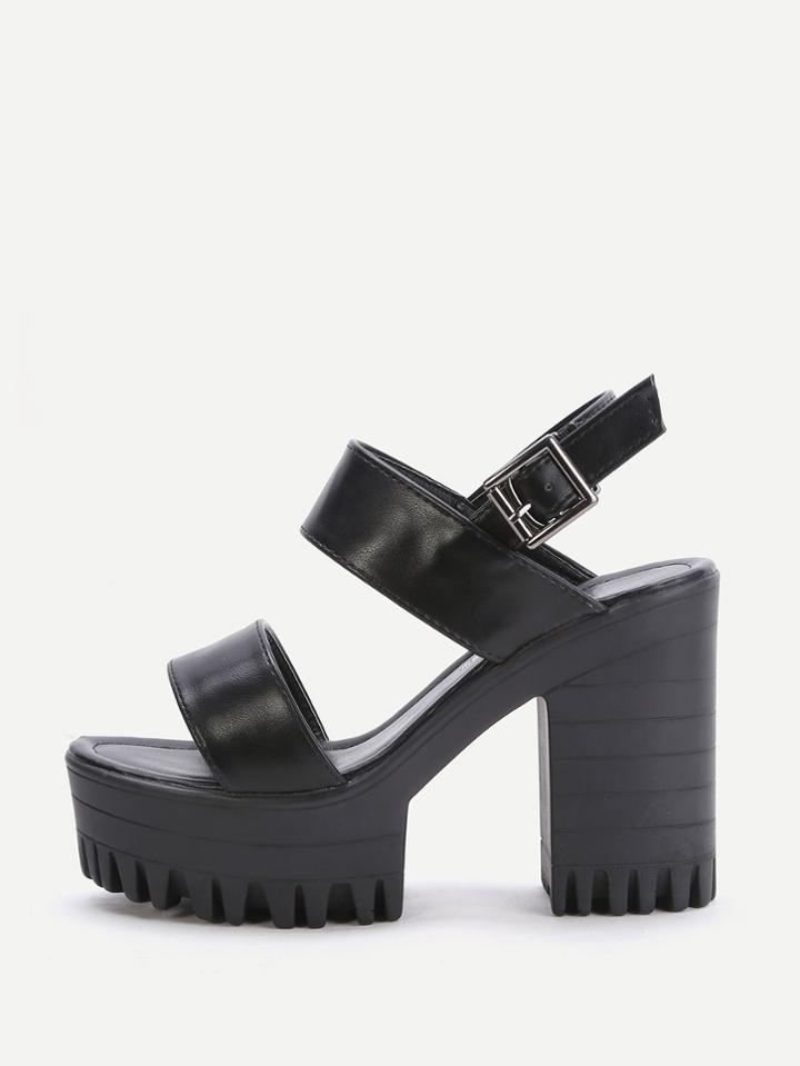 Romwe Black Platform Chunky Heeled Pu Sandals