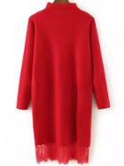 Romwe High Neck Lace Insert Slit Red Jersey Dress