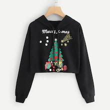 Romwe Christmas Tree Print Drawstring Hoodie