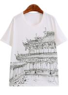 Romwe White Round Neck Building Print Loose T-shirt