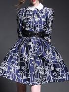 Romwe Navy Lapel Half Sleeve Drawstring Print Dress