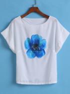 Romwe Blue Flower Print T-shirt
