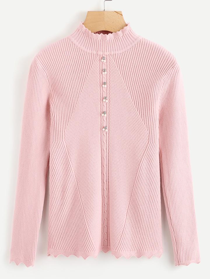 Romwe Chevron Trim Pearl Beaded Ribbed Knit Sweater