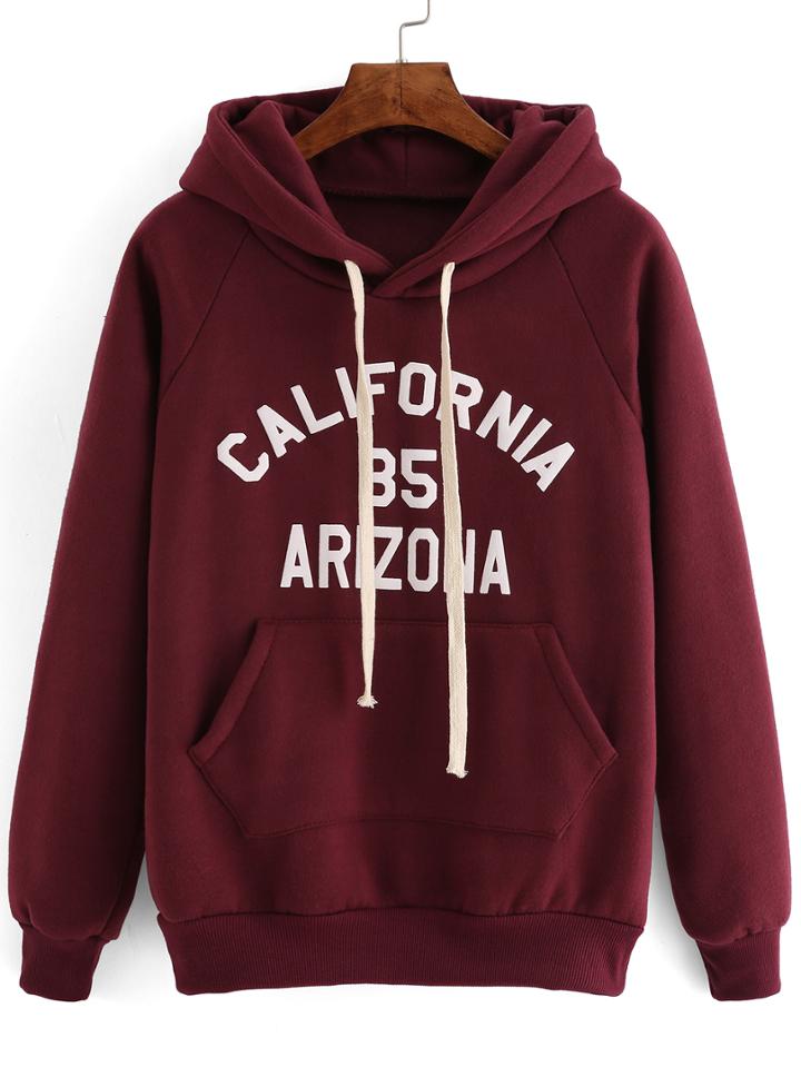 Romwe Hooded Drawstring Letter Print Maroon Sweatshirt