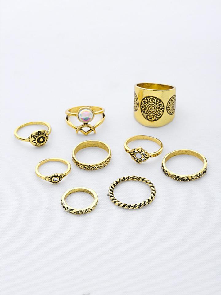 Romwe Embellished Tribal Carved Rings Set