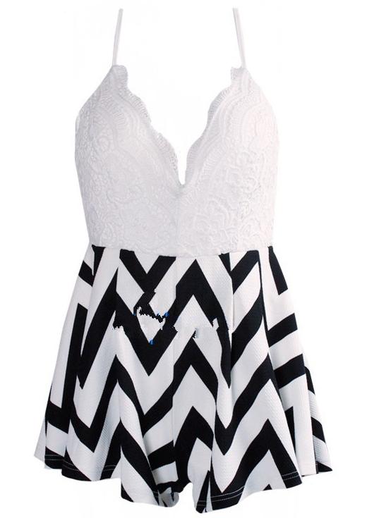 Romwe Spaghetti Strap Zigzag Print Lace Jumpsuit