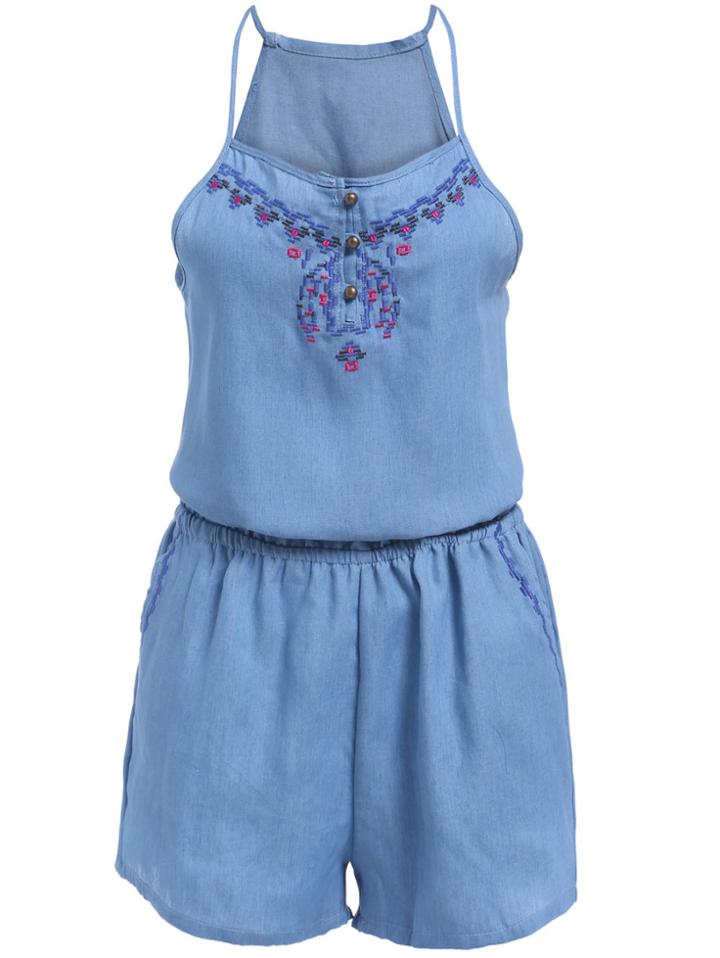 Romwe Halter Embroidered Denim Romper