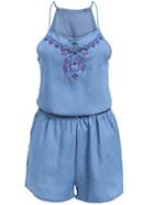 Romwe Halter Embroidered Denim Romper