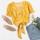 Romwe Dandelion Print Knot Back Blouse