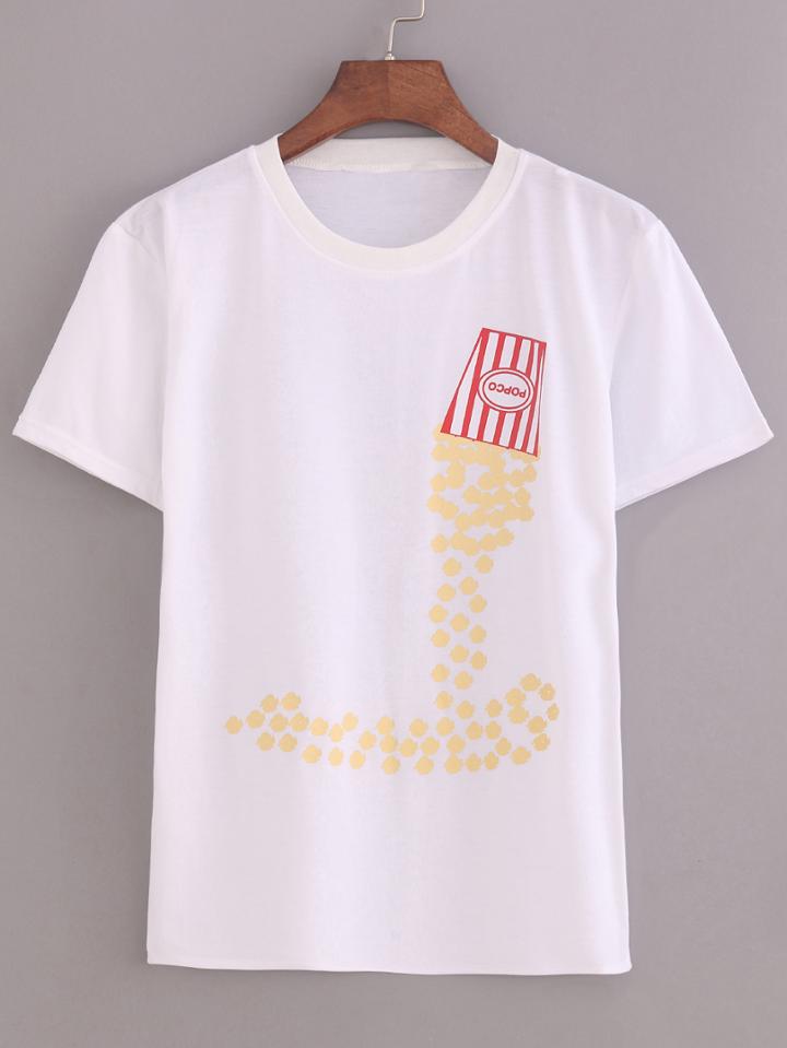 Romwe White Popcorn Print T-shirt