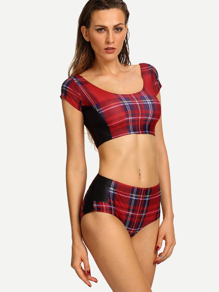 Romwe Red Plaid Crop Rash Guard Swimwear