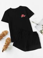 Romwe Floral Embroidered Tee And Shorts Set