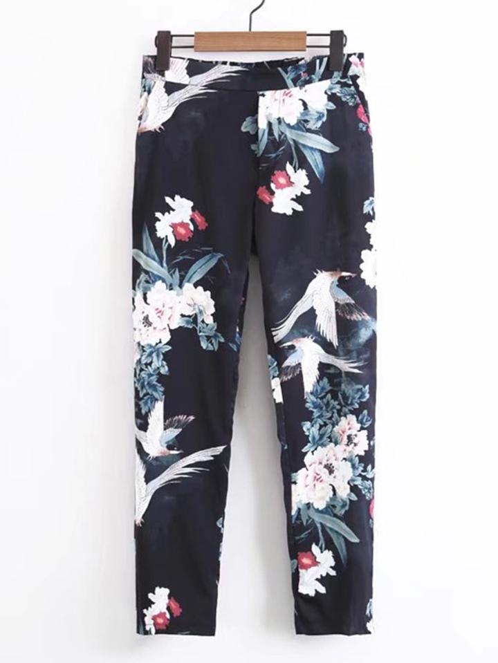 Romwe Floral Print Tailored Pants