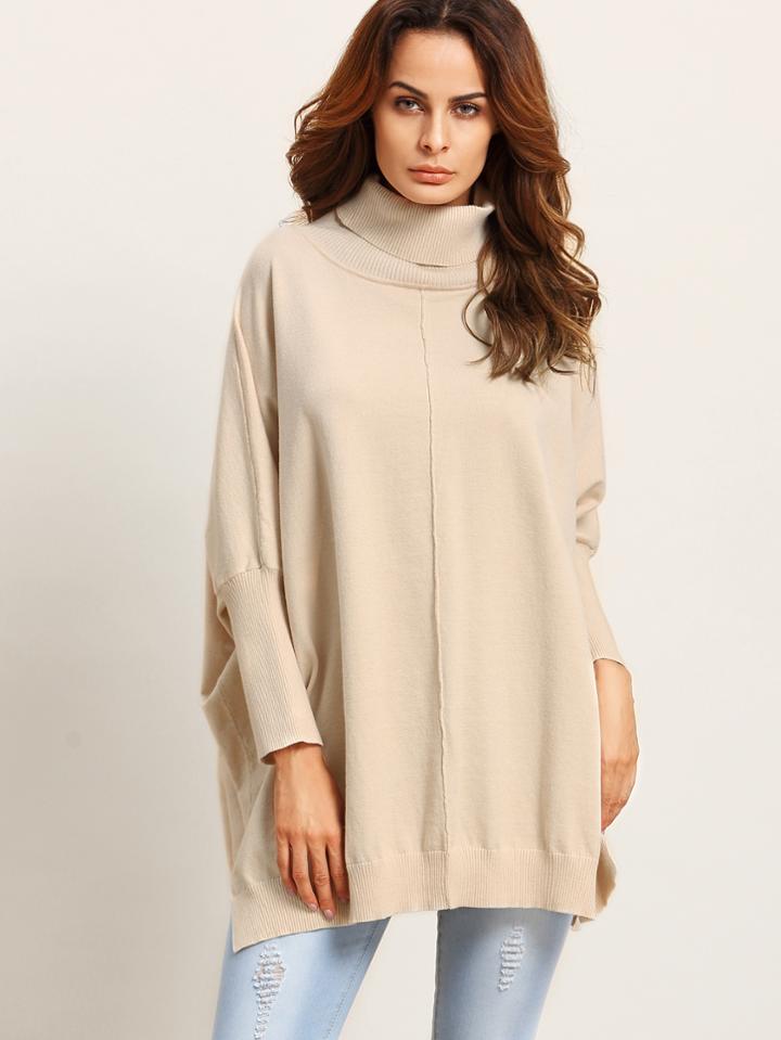 Romwe Apricot Turtleneck Slit Side Batwing Sweater