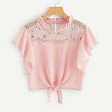Romwe Mesh Panel Floral Embroidered Knot Hem Blouse