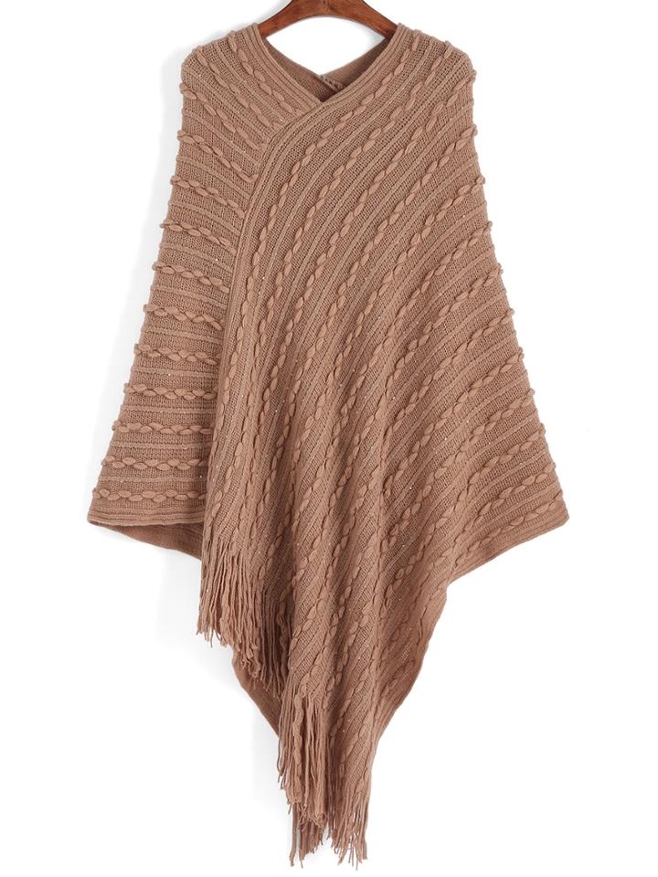 Romwe V Neck Tassel Long Poncho