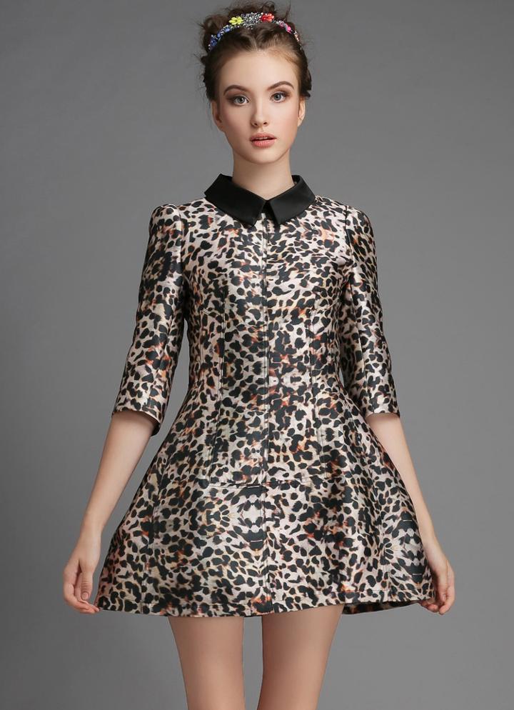 Romwe Leopard Lapel Half Sleeve Slim Flare Dress