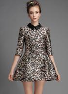 Romwe Leopard Lapel Half Sleeve Slim Flare Dress