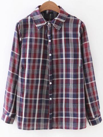 Romwe Red Long Sleeve Buttons Front Plaids Blouse