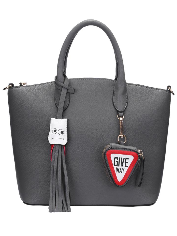 Romwe Grey Zipper Fun Tassel Tote Bag